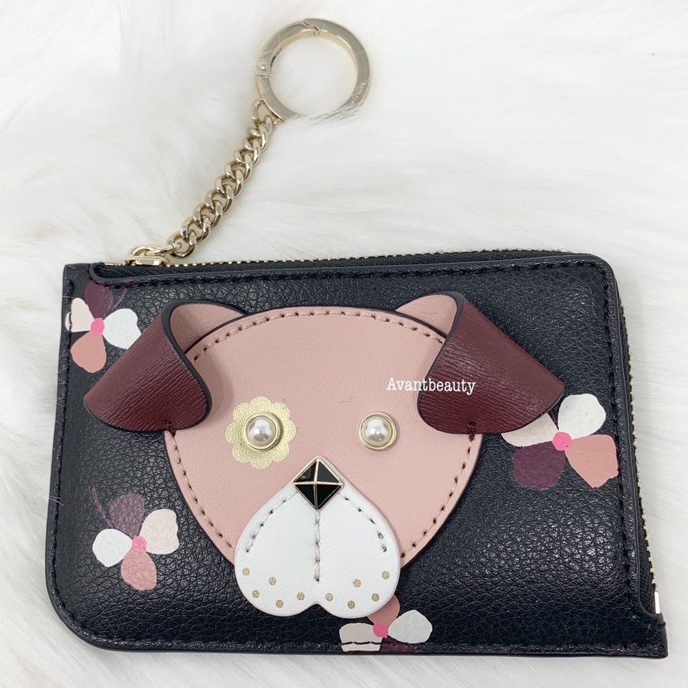 Kate spade floral pup medium L-zip card holder new